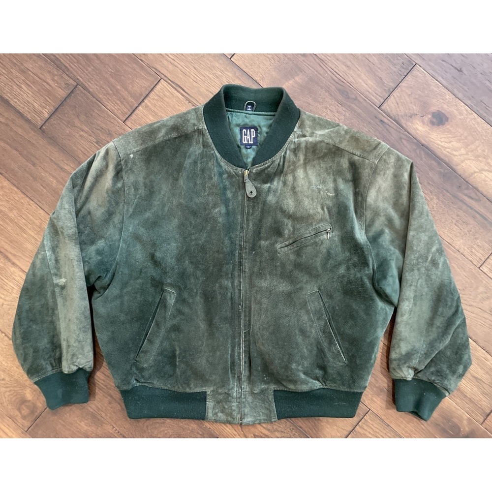 Vintage GAP Suede Leather Bomber Jacket Mens Large Green Full‎ Zip 90s Y2K